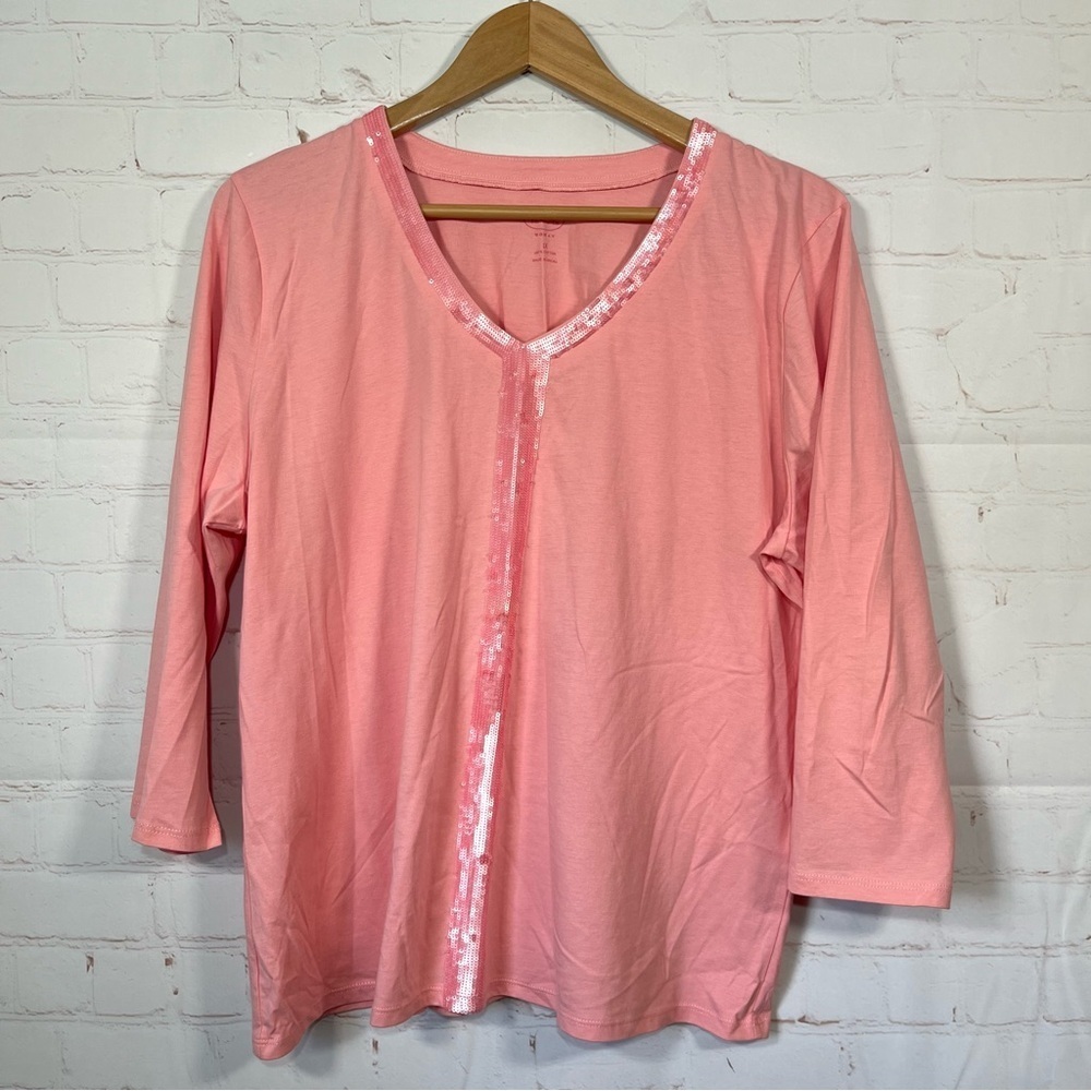 Talbots Woman Sequin Popover Top Womens Size 1X Pink Cotton Knit 3/4 Sleeve